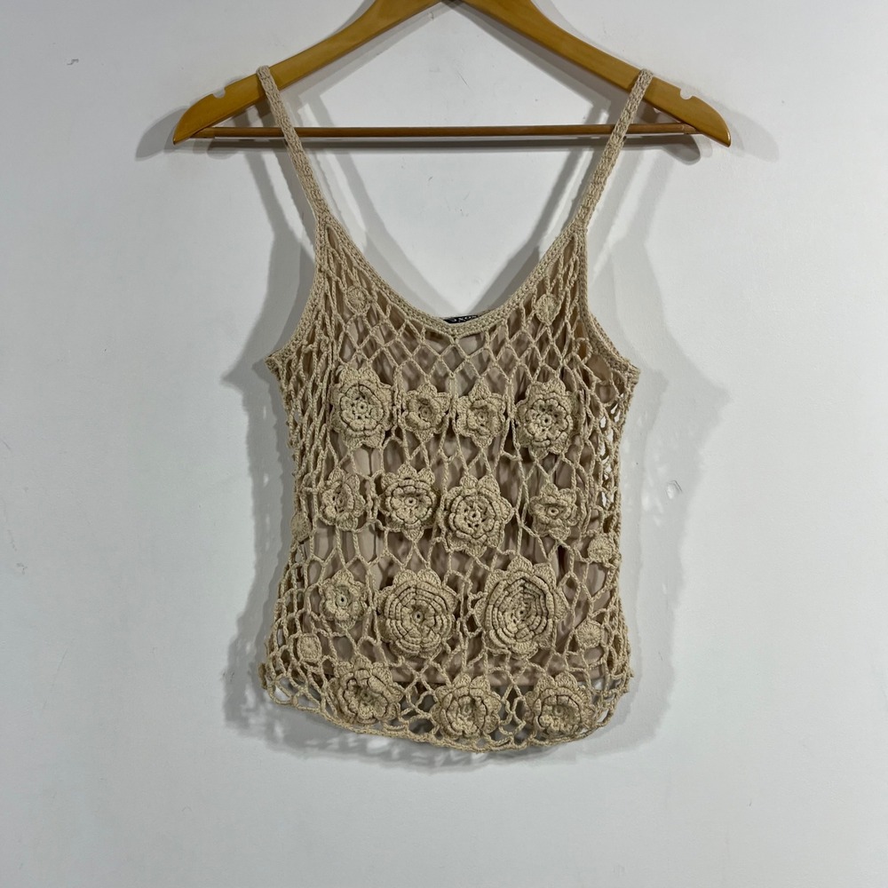 Womens Boho Chic Festival Going Out Beige Crochet Floral Cami Top Size Medium